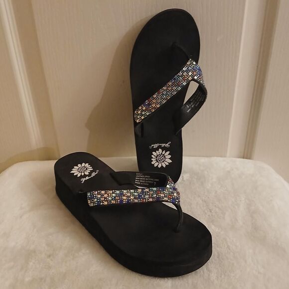 Yellow Box Scalia Y2K Style platform flip flops rhinestone straps wedge heel 7 - Picture 1 of 7